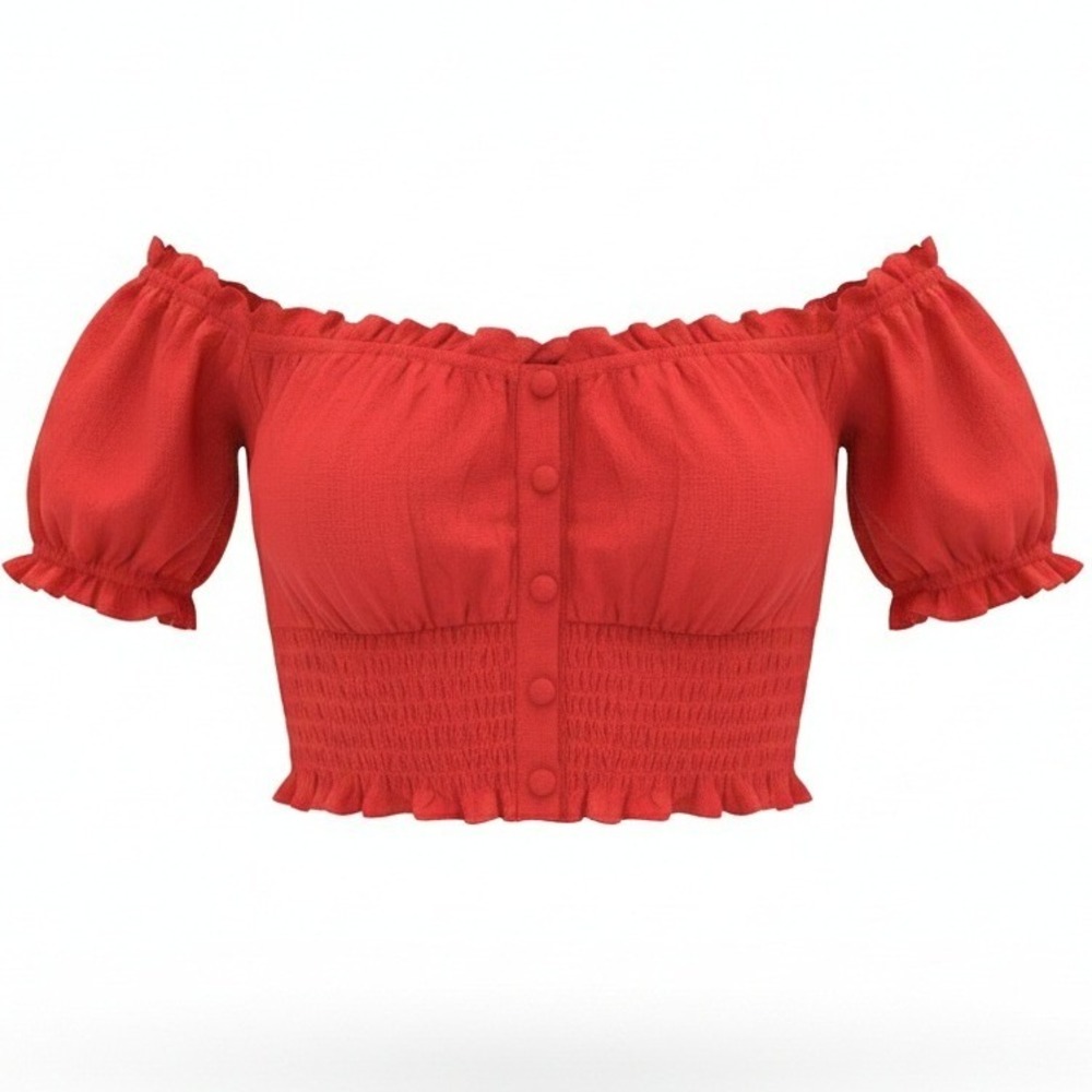 Olivaceous Women Crop Top Off Shoulder Red Rayon Boho Festival Size L